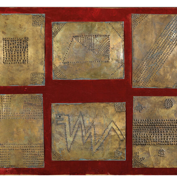 Mathias Goeritz (b. 1915, Poland; d. 1990, Mexico) Mensaje num. 5 Timoteo 6:6, 1959 Perforated tin on velvet on panel