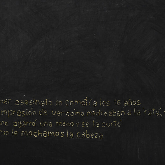 Ana Gallardo (b. 1958, Argentina) Niñxs Sicarios, from the series Dibujo textual, 2022 Charcoal and thread on cardboard