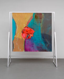 Candida Alvarez (b. 1955, United States) Between Two Things, from Air Paintings, 2017–19 Latex ink, acrylic, and collage on PVC mesh with aluminum and wood