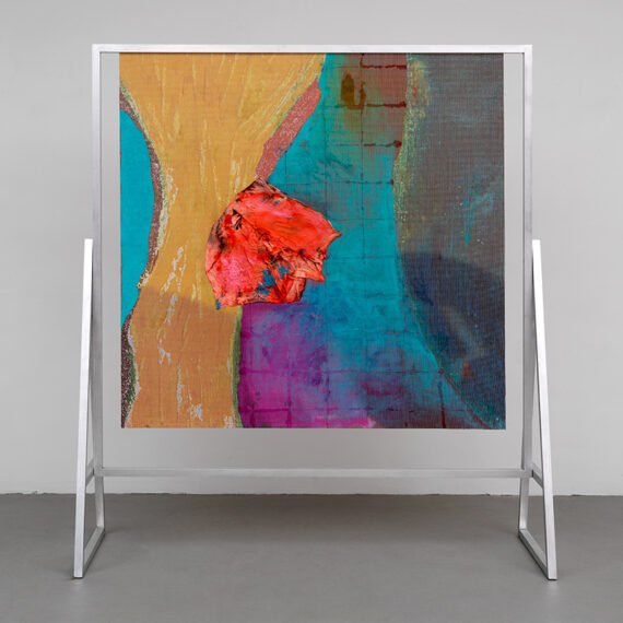 Candida Alvarez (b. 1955, United States) Between Two Things, from Air Paintings, 2017–19 Latex ink, acrylic, and collage on PVC mesh with aluminum and wood