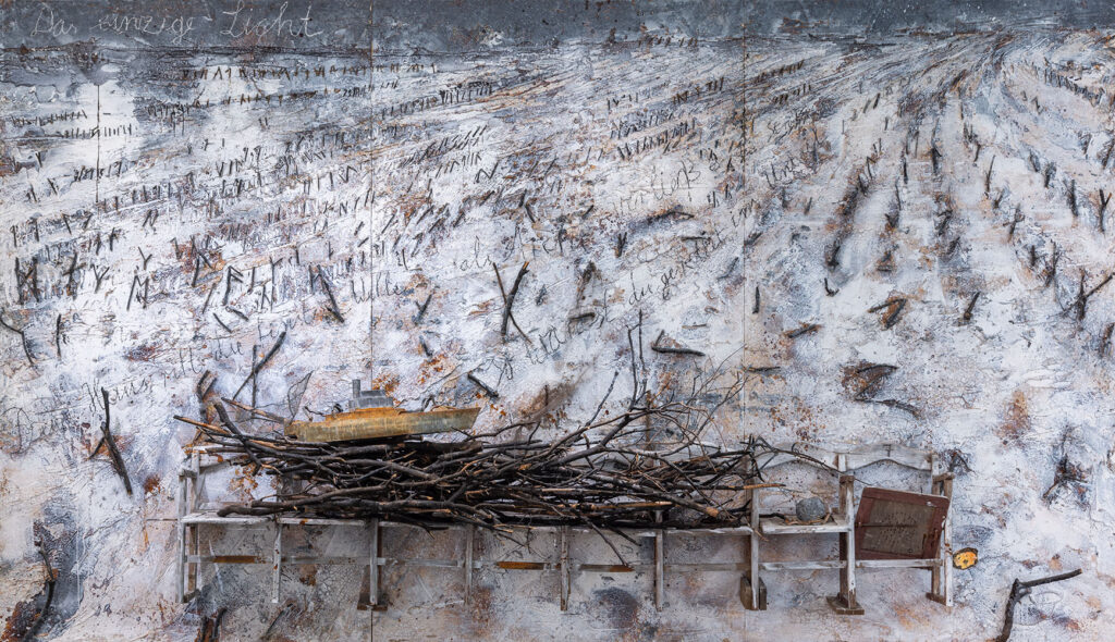 Anselm Kiefer (b. 1945, Germany) Das einzige Licht, 2006 Oil, emulsion, acrylic, charcoal, lead boat, branches, chairs, and plaster on canvas, in three parts