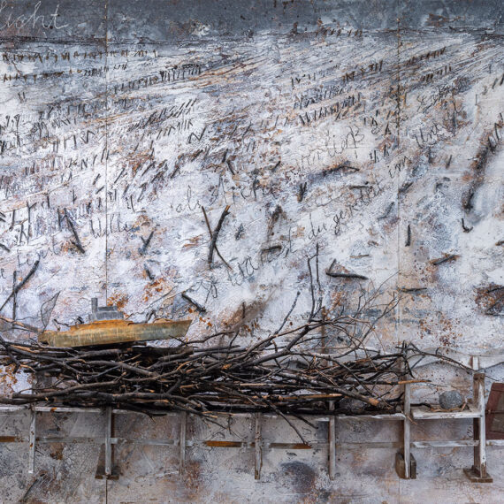Anselm Kiefer (b. 1945, Germany) Das einzige Licht, 2006 Oil, emulsion, acrylic, charcoal, lead boat, branches, chairs, and plaster on canvas, in three parts