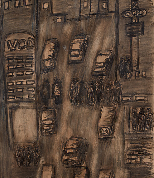 David Koloane b. 1938–2019, South Africa Street Scene, Hillbrow, n.d. Charcoal and chalk on brown paper