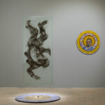 Diane Victor b. 1964, South Africa Between a Major and a Minor, ca. 2018 Glass panel with smoke drawing, mosaic on board, and mixed media