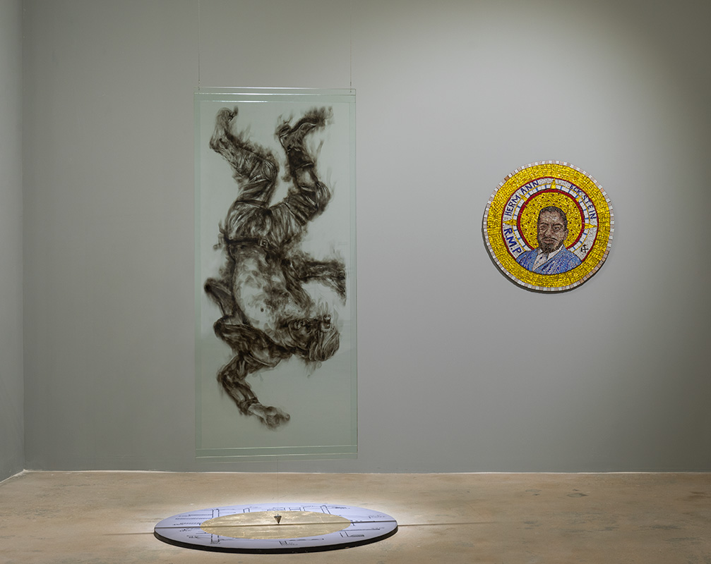 Diane Victor b. 1964, South Africa Between a Major and a Minor, ca. 2018 Glass panel with smoke drawing, mosaic on board, and mixed media