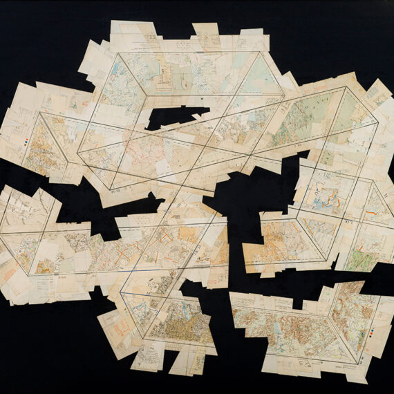 Gerhard Marx b. 1976, South Africa Antaeus in Mid-Air, 2018 Reconfigured map fragments on acrylic-polyurethane ground and canvas