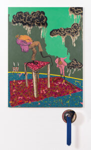 Simphiwe Ndzube b. 1990, South Africa Here gathers those who meet & dance their own, 2017 Oil, collage, metallic paint and spray paint on canvas with found object