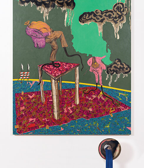 Simphiwe Ndzube b. 1990, South Africa Here gathers those who meet & dance their own, 2017 Oil, collage, metallic paint and spray paint on canvas with found object