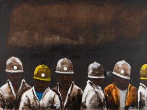 Sam Nhlengethwa b. 1955, South Africa Row of Miners, 1998 Oil on canvas