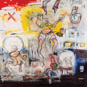 Dominique Zinkpè (b. 1969, Benin) Deux Têtes Six Pieds, 2019 Acrylic, charcoal, pastel and fabric collage on canvas, signed bottom right; signed, dated and inscribed on the reverse