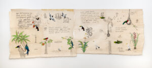 Denilson Baniwa b. 1984, Brazil Pai nosso, 2025 Watercolor, graphite pencil, and feathering on tururi (natural vegetable fiber)