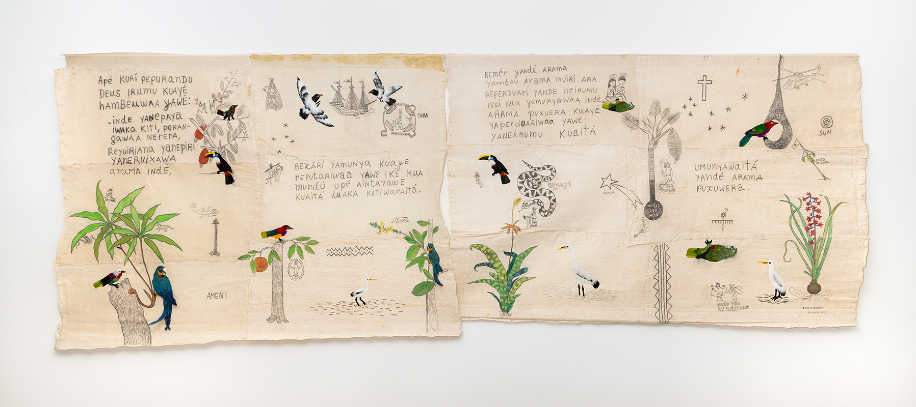 Denilson Baniwa b. 1984, Brazil Pai nosso, 2025 Watercolor, graphite pencil, and feathering on tururi (natural vegetable fiber)