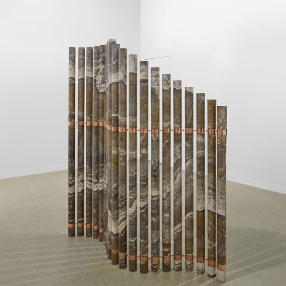 Elena Damiani b. 1979, Peru Testigos II (after A. Aalto), 2024 20 elements, hand-carved travertine, copper, and steel
