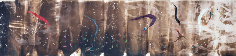 Roberto Huarcaya (b. 1959, Peru) and Rember Yahuarcani (b. 1985, Peru) Amazonías paralelas | Parallel Amazons, 2025 Photogram on black-and-white photosensitive paper by Roberto Huarcaya, hand-intervened by Rember Yahuarcani