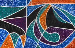 Bertina Lopes (b. 1924, Mozambique; d. 2012, Italy) Invisible curva nello spazio (No invisible curves in space), 1991 Oil on panel 51.18 x 78.74 inches