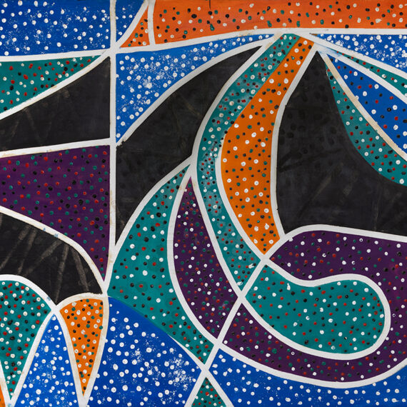 Bertina Lopes (b. 1924, Mozambique; d. 2012, Italy) Invisible curva nello spazio (No invisible curves in space), 1991 Oil on panel 51.18 x 78.74 inches