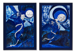 Chris Ofili b. 1968, United Kingdom Blue Damascus, 2005 Gouache, ink, charcoal, and aluminum leaf on four joined sheets of paper, in artist’s frames, diptych