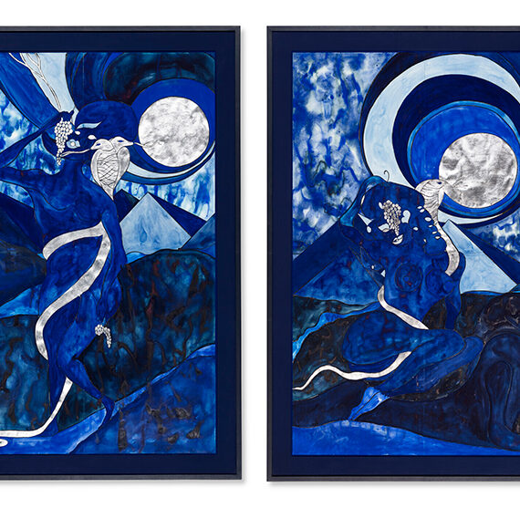 Chris Ofili b. 1968, United Kingdom Blue Damascus, 2005 Gouache, ink, charcoal, and aluminum leaf on four joined sheets of paper, in artist’s frames, diptych