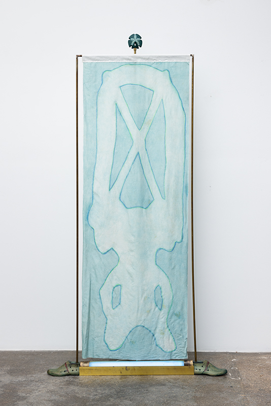 Claudia Peña Salinas b. 1975, Mexico Colima Incense Burner, 2024 Brass, LED light, wood shoes, seashells, azul Maya dyed silk, and ink