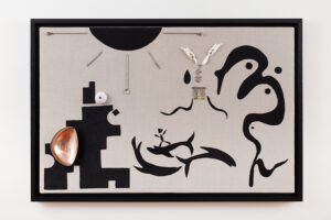 Andrés Pereira Paz (b. 1986, Bolivia) S/t (Escena), 2024 Hand-stitched upholstery velvet on linen, bones, sea urchin shell and Taxco silversmithing by Los Castillo and others 32.67 x 48.42 inches