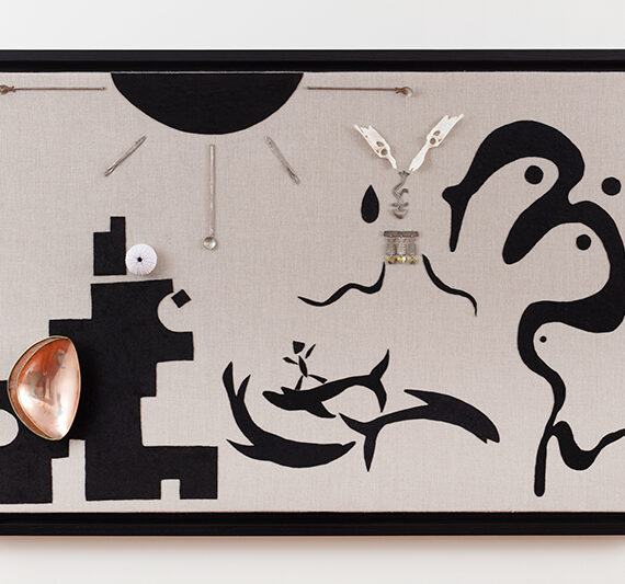 Andrés Pereira Paz (b. 1986, Bolivia) S/t (Escena), 2024 Hand-stitched upholstery velvet on linen, bones, sea urchin shell and Taxco silversmithing by Los Castillo and others 32.67 x 48.42 inches