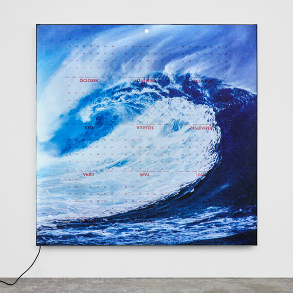 Mungo Thomson (b. 1969, United States) Red Wave, 2024 Double-sided UV-cured print on samba fabric, custom LED lightbox 72 x 72 x 3.50 inches