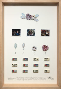 Alberto Baraya b. 1968, Colombia Grandma Rose, 2019 Painted metal craft, found object, label, pencil, and color inkjet photographs on fiber paper 31.6 x 21.6 x 2.57 inches