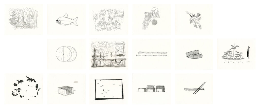 Gilda Mantilla (b. 1967, United States) and Raimond Chaves (b. 1963, Peru) Carbon Copy Jungle V, 2012 Charcoal on paper, in 15 parts 11.8 x 9.8 inches each