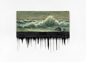 Minerva Cuevas b. 1975, Mexico White Waves, 2023 Oil on canvas dipped in asphalt 28.34 x 36.22 inches