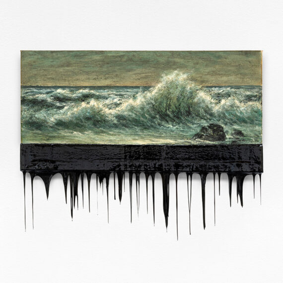 Minerva Cuevas b. 1975, Mexico White Waves, 2023 Oil on canvas dipped in asphalt 28.34 x 36.22 inches