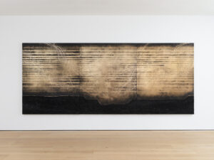 Teresita Fernández b. 1968, United States Dark Earth (Cosmos), 2019 Solid charcoal and mixed media on chrome panel, triptych 80 x 192 inches overall