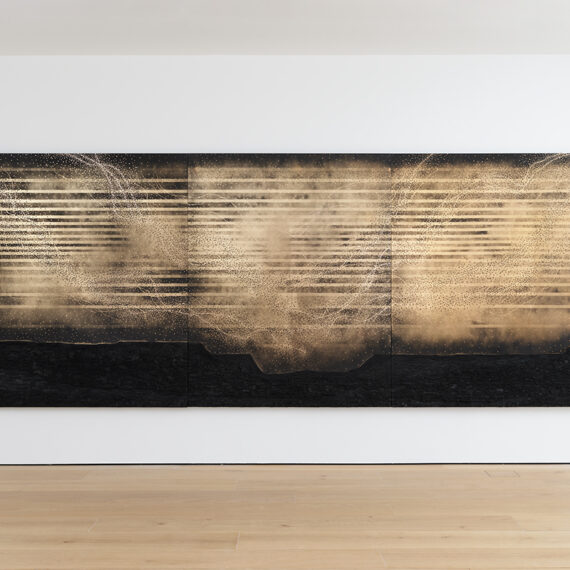 Teresita Fernández b. 1968, United States Dark Earth (Cosmos), 2019 Solid charcoal and mixed media on chrome panel, triptych 80 x 192 inches overall