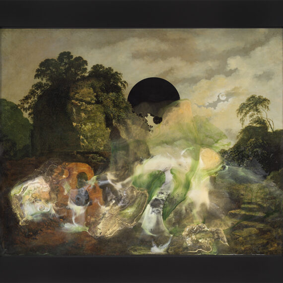 Rachel Rose b. 1986, United States Colore (1779), 2022 Iridescence and color pigment, metallic powders, color photograph of Joseph Wright of Derby's Virgil's Tomb by Moonlight, with Silius Italicus 50.42 x 60.63 inches