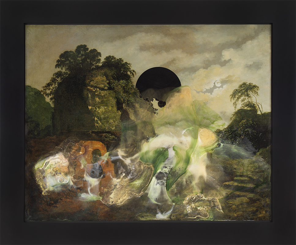 Rachel Rose b. 1986, United States Colore (1779), 2022 Iridescence and color pigment, metallic powders, color photograph of Joseph Wright of Derby's Virgil's Tomb by Moonlight, with Silius Italicus 50.42 x 60.63 inches